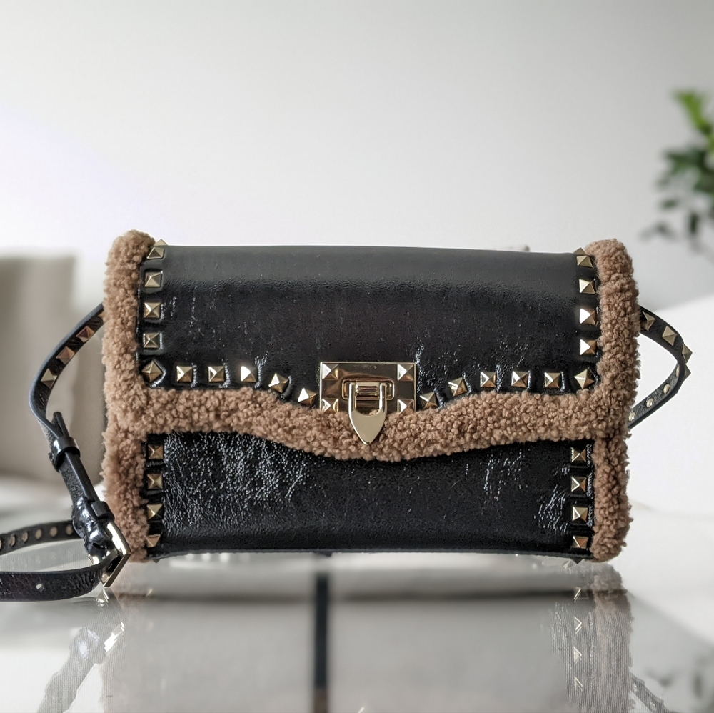 Valentino Flip Lock Shearling Rockstud Crossbody Bag